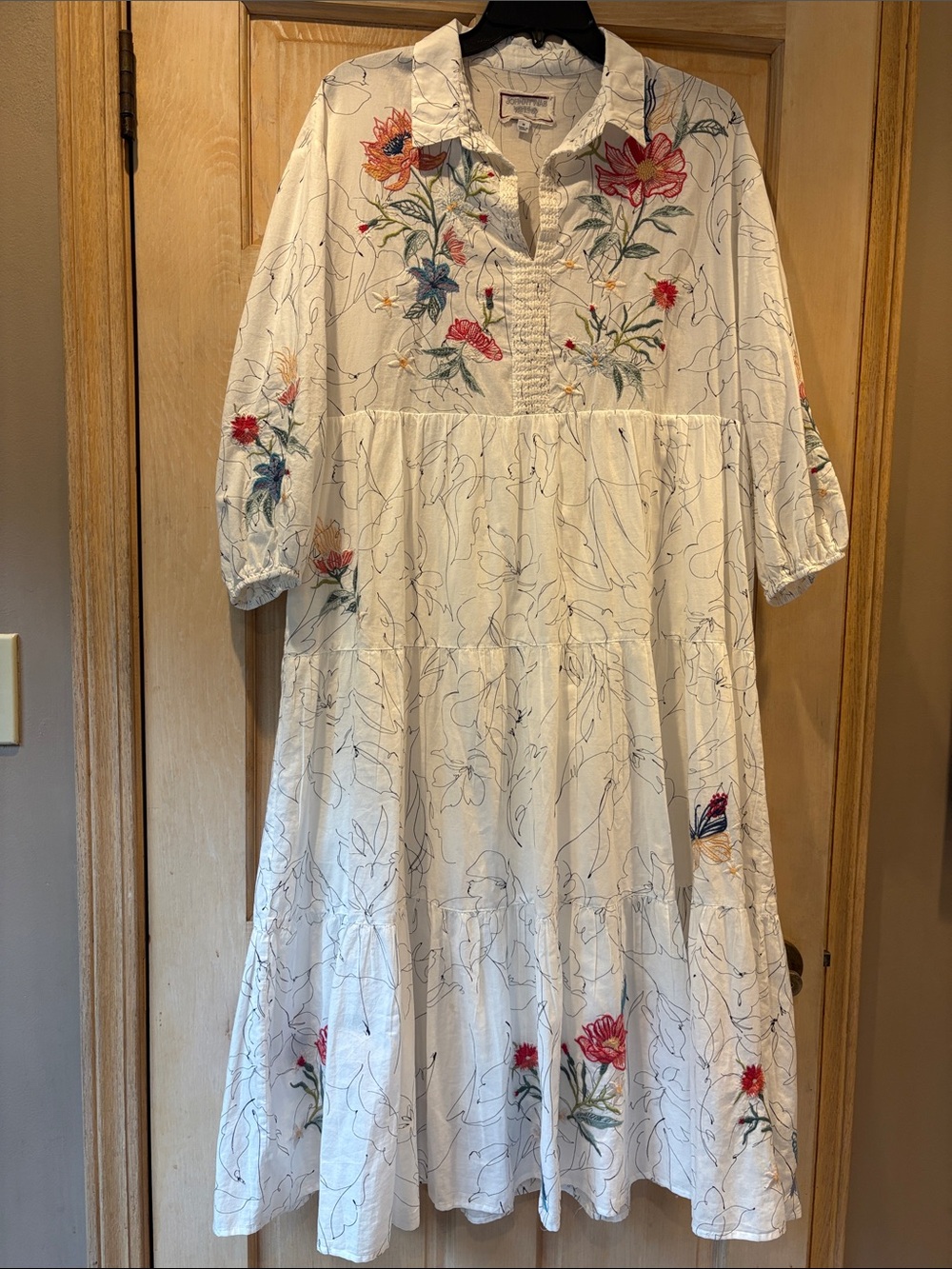 Johnny Was White Tiered Dress with Multicolor Floral Embroidery Size M